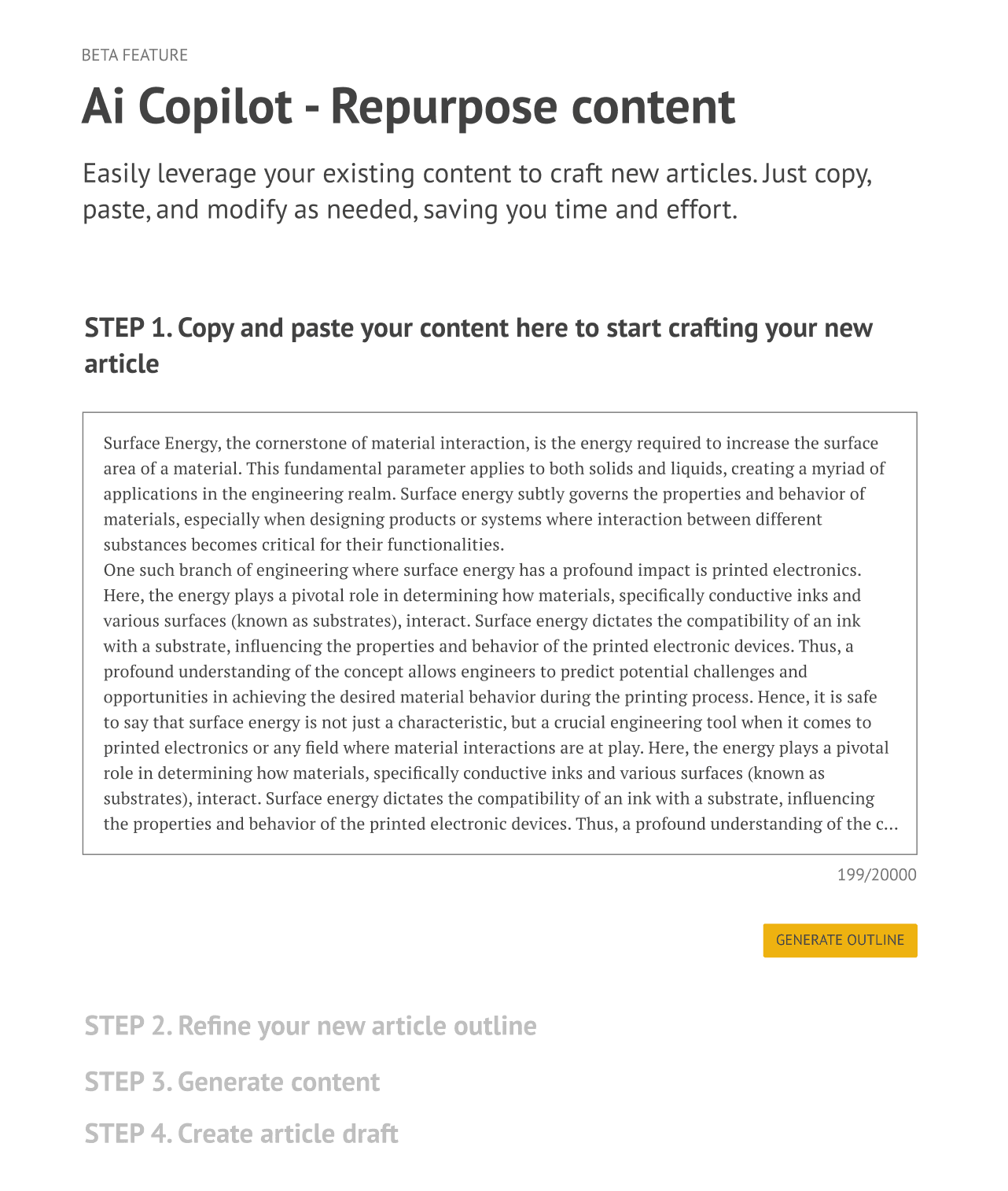 Step 1 – marketers paste existing content or keywords